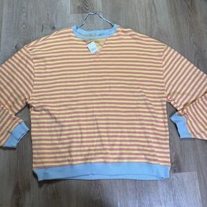 Free People Sweatshirt Womens Large Classic Striped Oversized Crewneck Tangerine